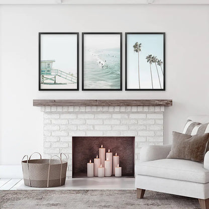 California Coastal Set of 3 Prints. Lifeguard, Surfers, Palms