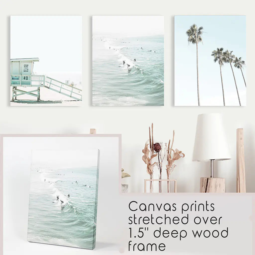 California Coastal Set of 3 Prints. Lifeguard, Surfers, Palms