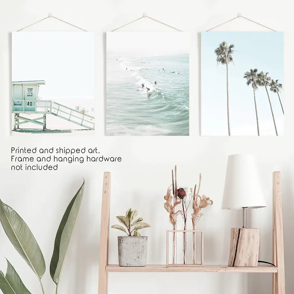 California Coastal Set of 3 Prints. Lifeguard, Surfers, Palms