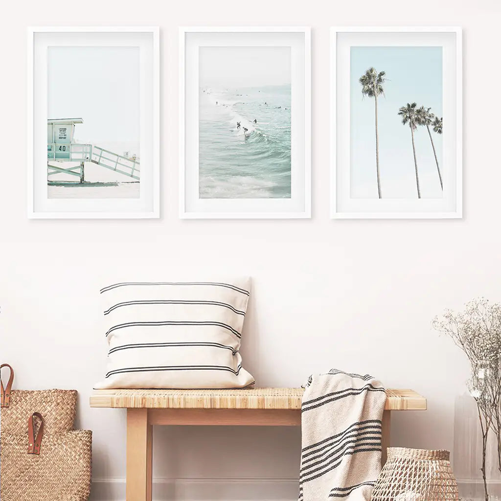 California Coastal Set of 3 Prints. Lifeguard, Surfers, Palms