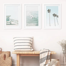 Load image into Gallery viewer, California Coastal Set of 3 Prints. Lifeguard, Surfers, Palms
