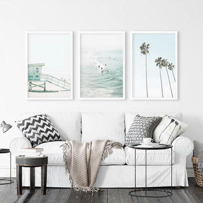 California Coastal Set of 3 Prints. Lifeguard, Surfers, Palms