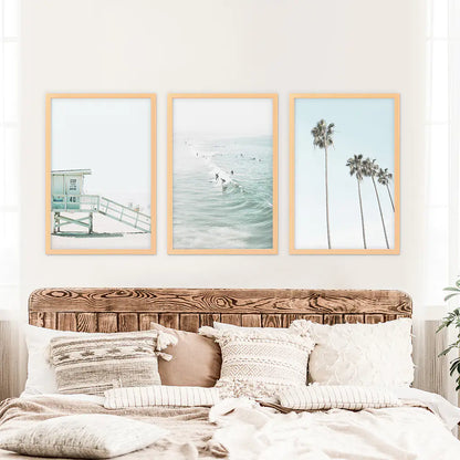 California Coastal Set of 3 Prints. Lifeguard, Surfers, Palms