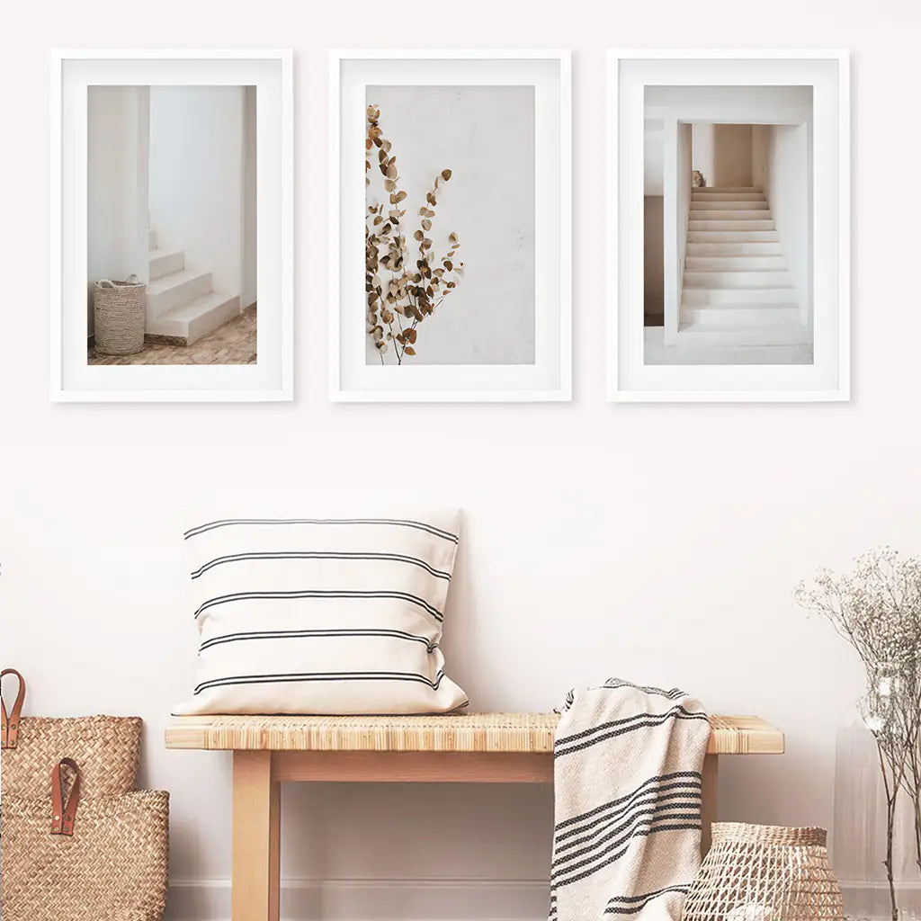 3 Pieces Beige Aestethic Set. Eucalyptus, Stairway. White Frames with Mat