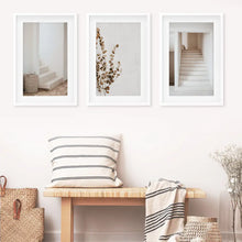 Load image into Gallery viewer, 3 Pieces Beige Aestethic Set. Eucalyptus, Stairway. White Frames with Mat
