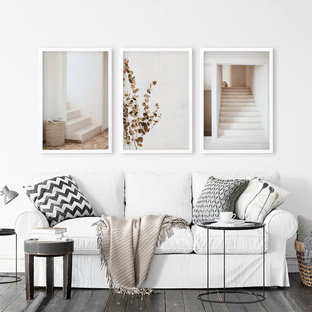 3 Pieces Beige Aestethic Set. Eucalyptus, Stairway. White Frames