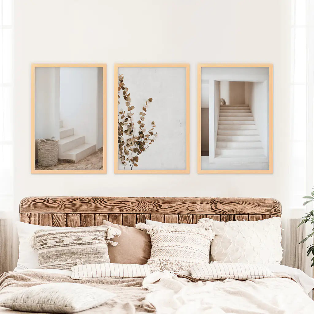 3 Pieces Beige Aestethic Set. Eucalyptus, Stairway. Wood Frames