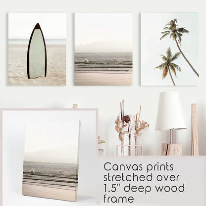 Beige Tones Coastal Wall Art. Surfboard, Ocean Beach, Palm