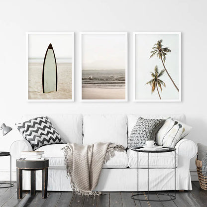 Beige Tones Coastal Wall Art. Surfboard, Ocean Beach, Palm