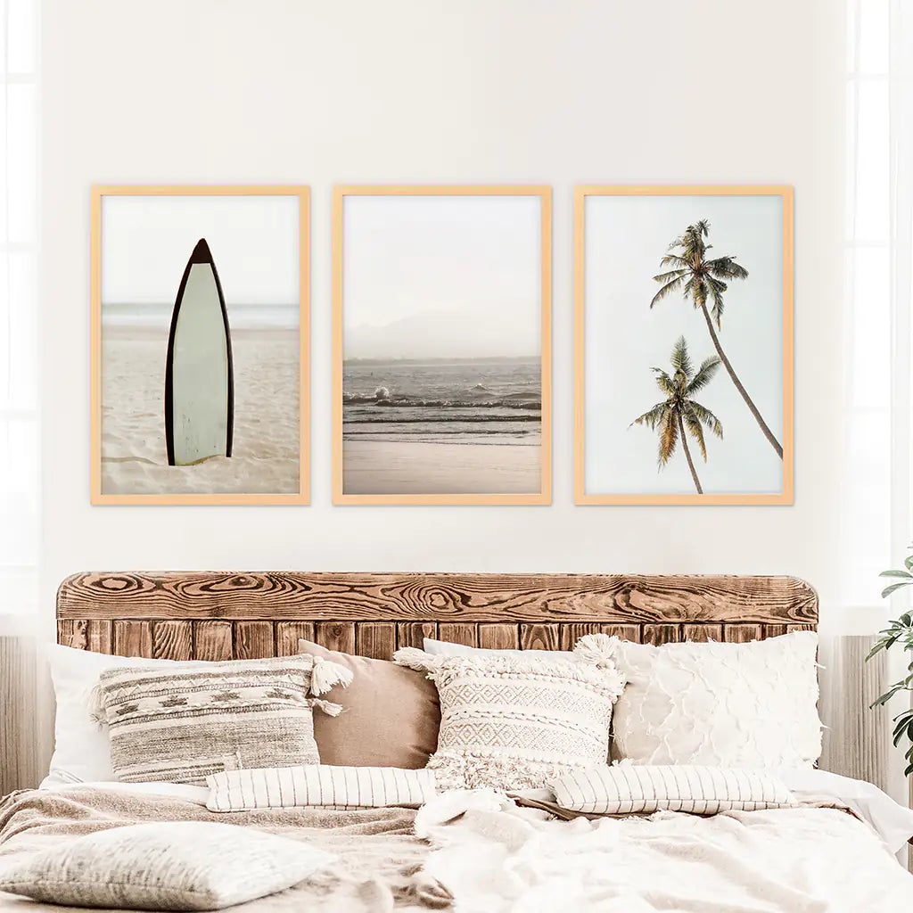 Beige Tones Coastal Wall Art. Surfboard, Ocean Beach, Palm