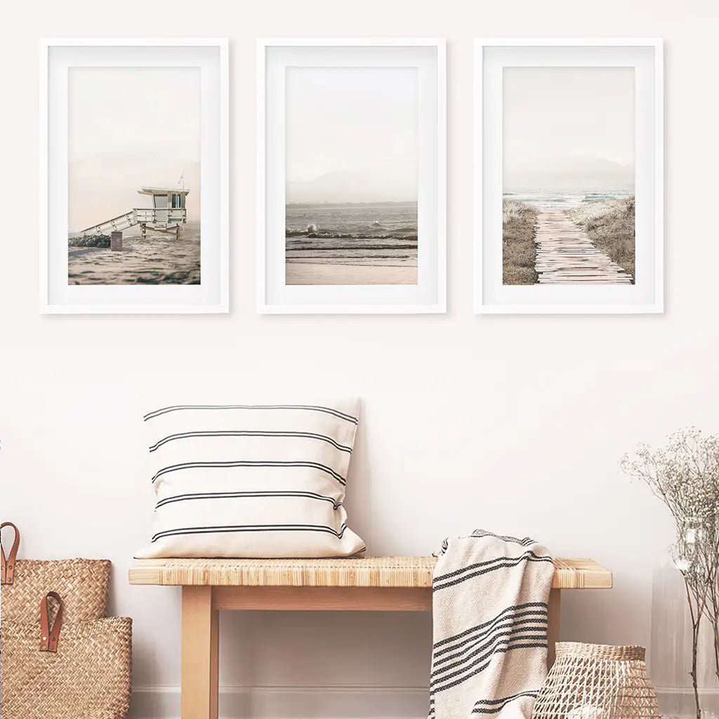 3 Piece Beige Coastal Wall Art. Waves, Beach Path, Lifeguard