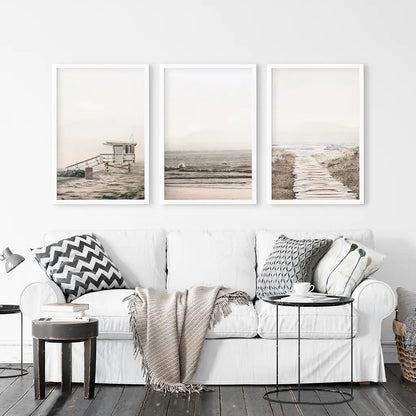 3 Piece Beige Coastal Wall Art. Waves, Beach Path, Lifeguard