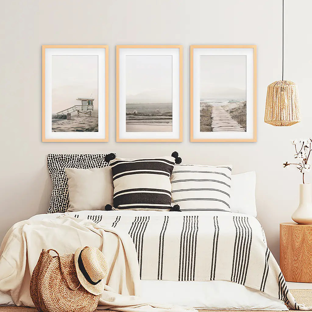 3 Piece Beige Coastal Wall Art. Waves, Beach Path, Lifeguard