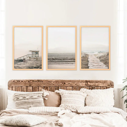 3 Piece Beige Coastal Wall Art. Waves, Beach Path, Lifeguard