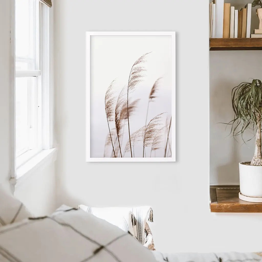 Beige Dried Grass Print. Summer Field. White Frame