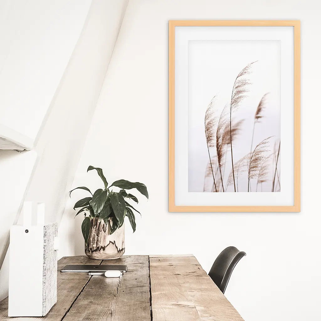 Beige Dried Grass Print. Summer Field. Wood Frame with Mat