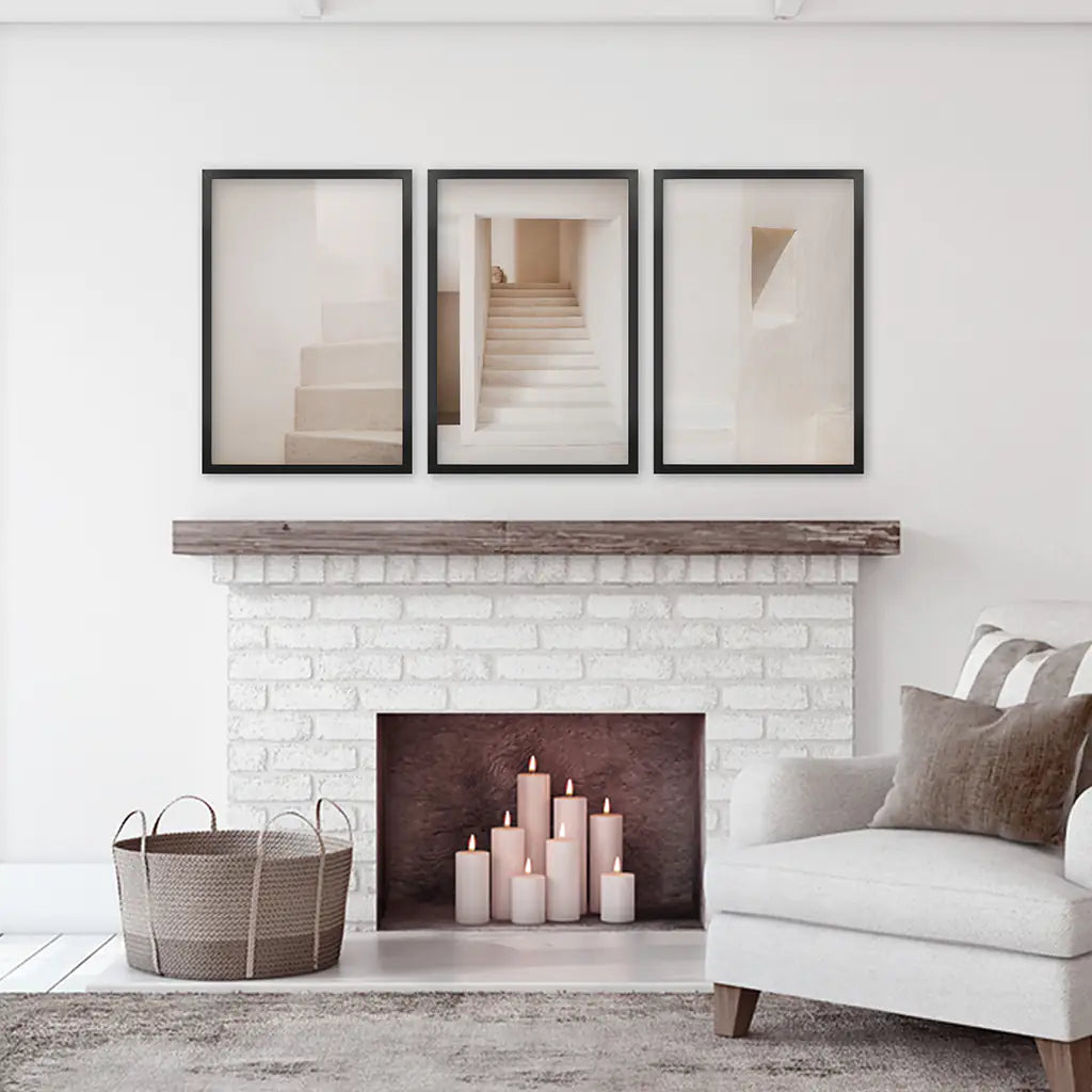 Beige Stairway Art Prints. Light Tones. Black Frames