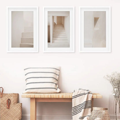 Beige Stairway Art Prints. Light Tones. White Frames with Mat