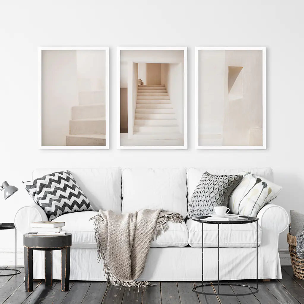 Beige Stairway Art Prints. Light Tones. White Frames