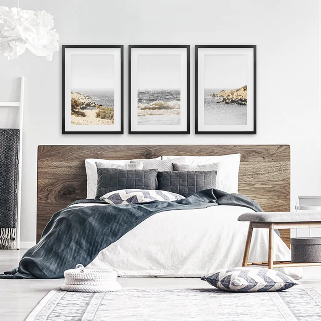 Ocean Wall Art Set. Gray Waves and Rocky Beach.Black Frames with Mat