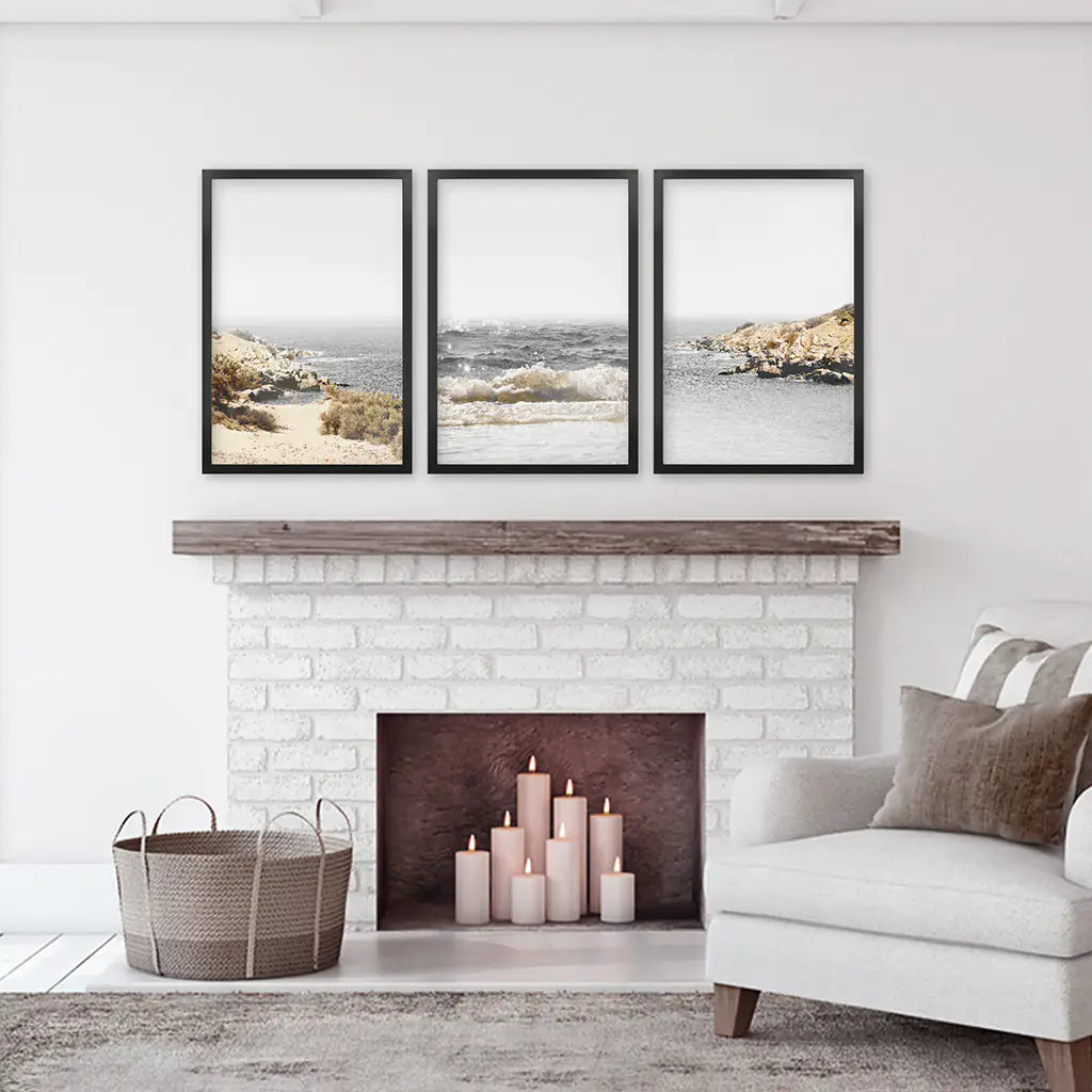 Ocean Wall Art Set. Gray Waves and Rocky Beach. Black frames