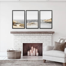 Load image into Gallery viewer, Ocean Wall Art Set. Gray Waves and Rocky Beach. Black frames
