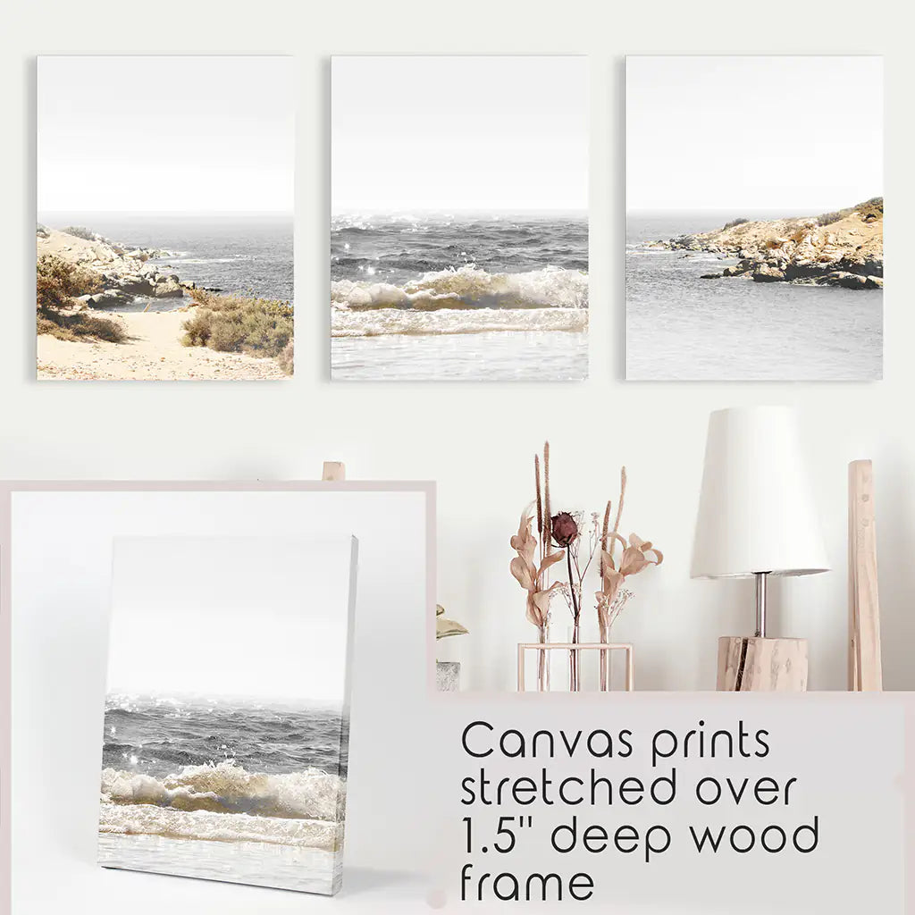 Ocean Wall Art Set. Gray Waves and Rocky Beach. Canvas Prints