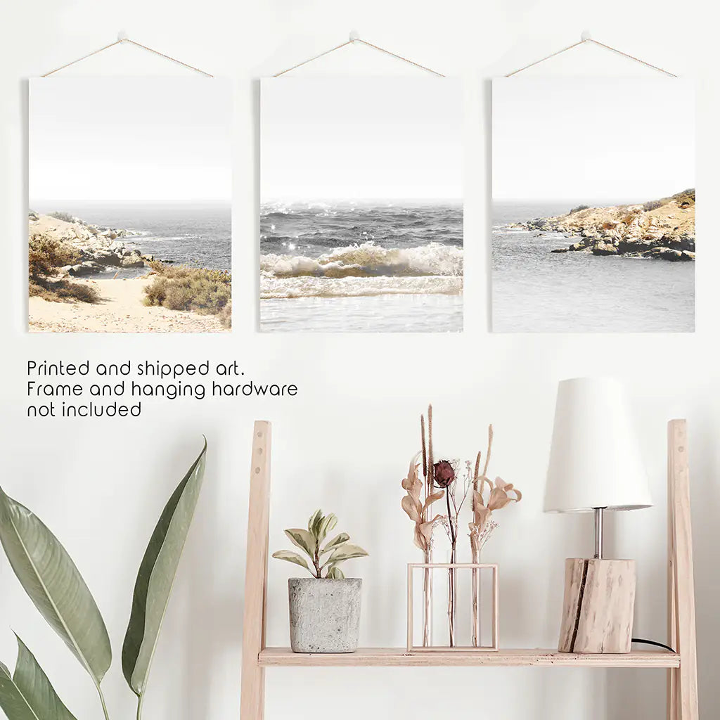 Ocean Wall Art Set. Gray Waves and Rocky Beach. Unframed Prints