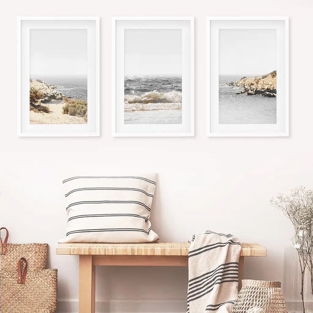 Ocean Wall Art Set. Gray Waves and Rocky Beach. White Frames with Mat