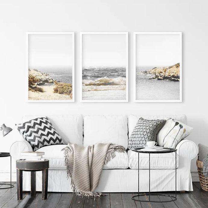 Ocean Wall Art Set. Gray Waves and Rocky Beach. White Frames