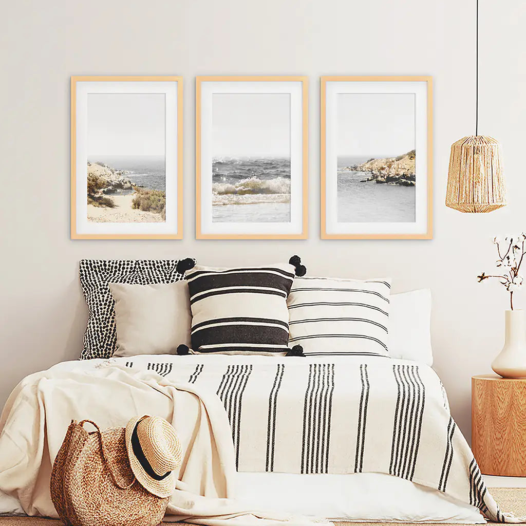 Ocean Wall Art Set. Gray Waves and Rocky Beach. Wood Frames with Mat