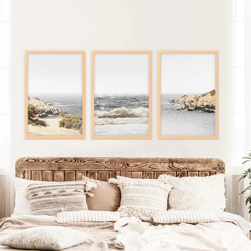 Ocean Wall Art Set. Gray Waves and Rocky Beach. Wood Frames