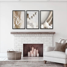 Load image into Gallery viewer, 3 Pieces Beige Wall Art. Terracotta Vase and Stairs. Black Frames
