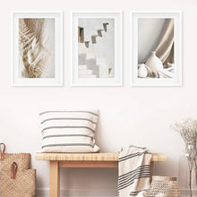 Load image into Gallery viewer, 3 Pieces Beige Wall Art. Terracotta Vase and Stairs. White frames with Mat
