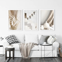 Load image into Gallery viewer, 3 Pieces Beige Wall Art. Terracotta Vase and Stairs. White Frames

