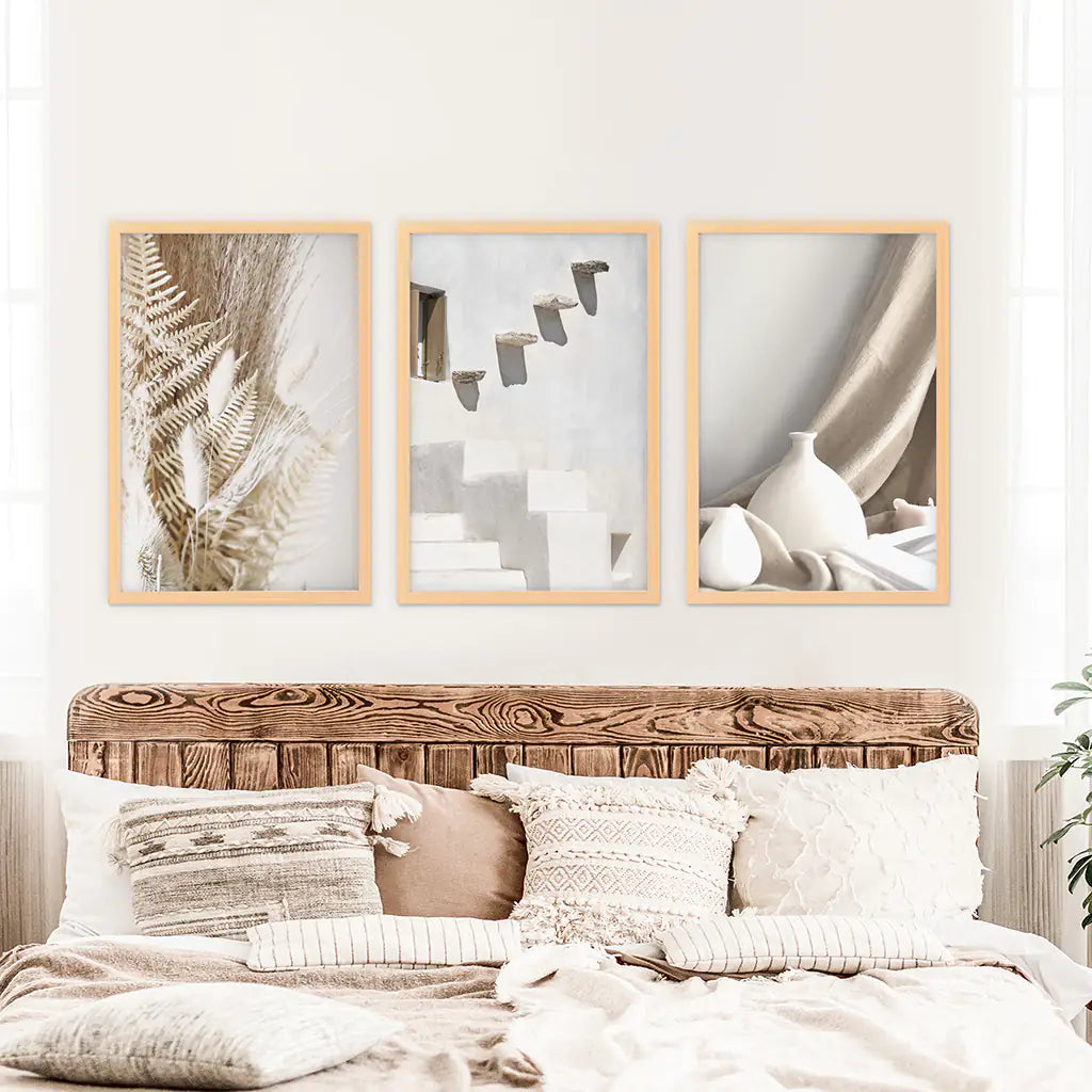 3 Pieces Beige Wall Art. Terracotta Vase and Stairs. Wood Frames