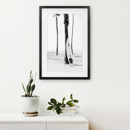 Black White Boho Summer Poster. Surfboard, Palm Trees. Black Frame with Mat
