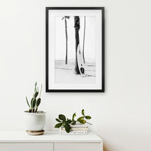 Load image into Gallery viewer, Black White Boho Summer Poster. Surfboard, Palm Trees. Black Frame with Mat
