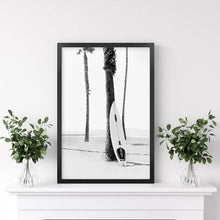 Load image into Gallery viewer, Black White Boho Summer Poster. Surfboard, Palm Trees. Black Frame
