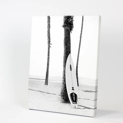 Black White Boho Summer Poster. Surfboard, Palm Trees. Canvas Print