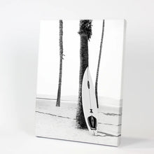 Load image into Gallery viewer, Black White Boho Summer Poster. Surfboard, Palm Trees. Canvas Print
