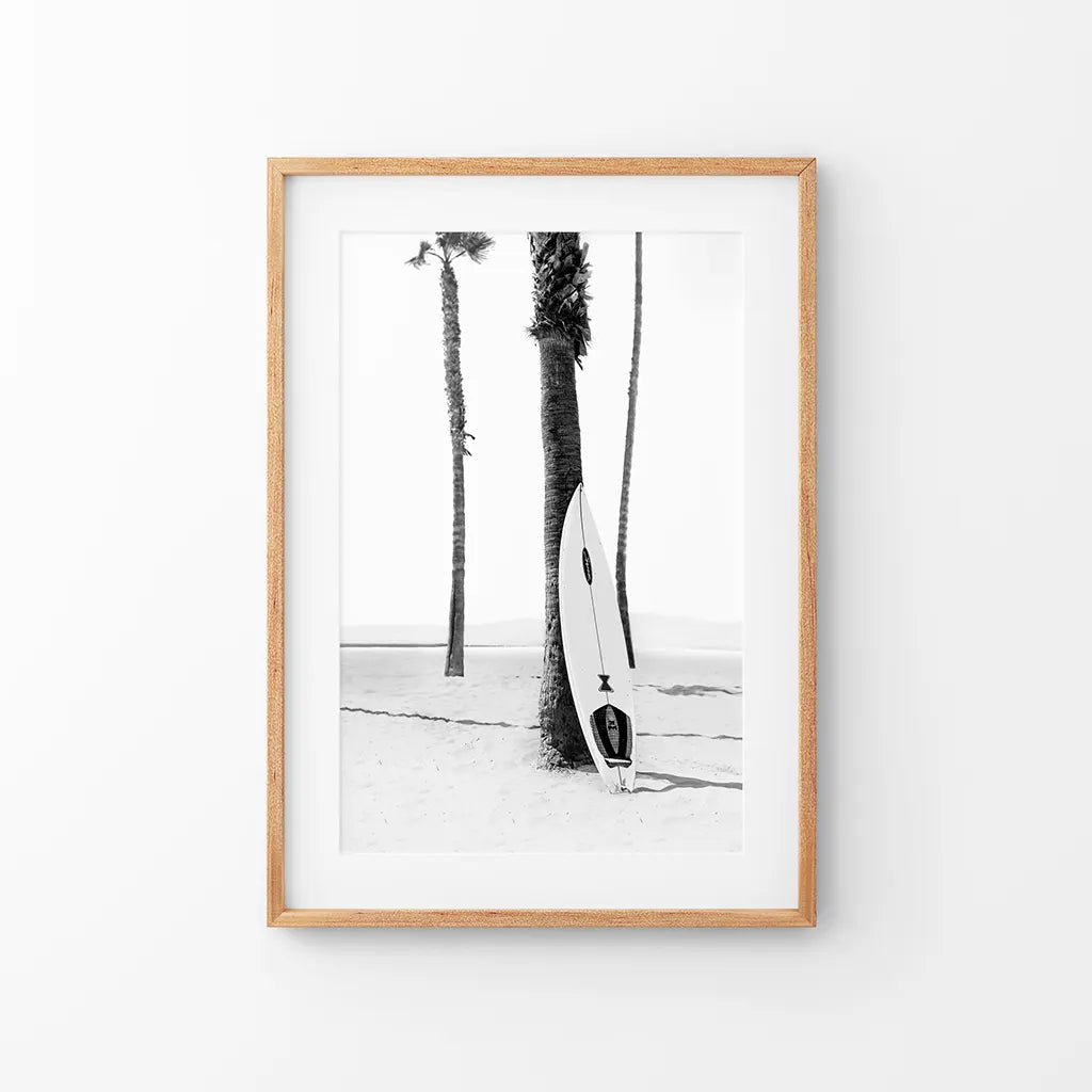 Black White Boho Summer Poster. Surfboard, Palm Trees. Thin Wood Frame with Mat