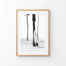 Load image into Gallery viewer, Black White Boho Summer Poster. Surfboard, Palm Trees. Thin Wood Frame with Mat
