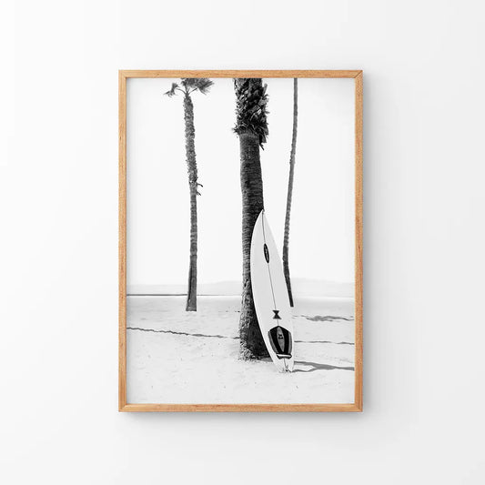 Black White Boho Summer Poster. Surfboard, Palm Trees. Thin Wood Frame