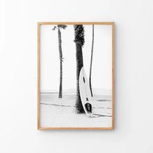 Load image into Gallery viewer, Black White Boho Summer Poster. Surfboard, Palm Trees. Thin Wood Frame
