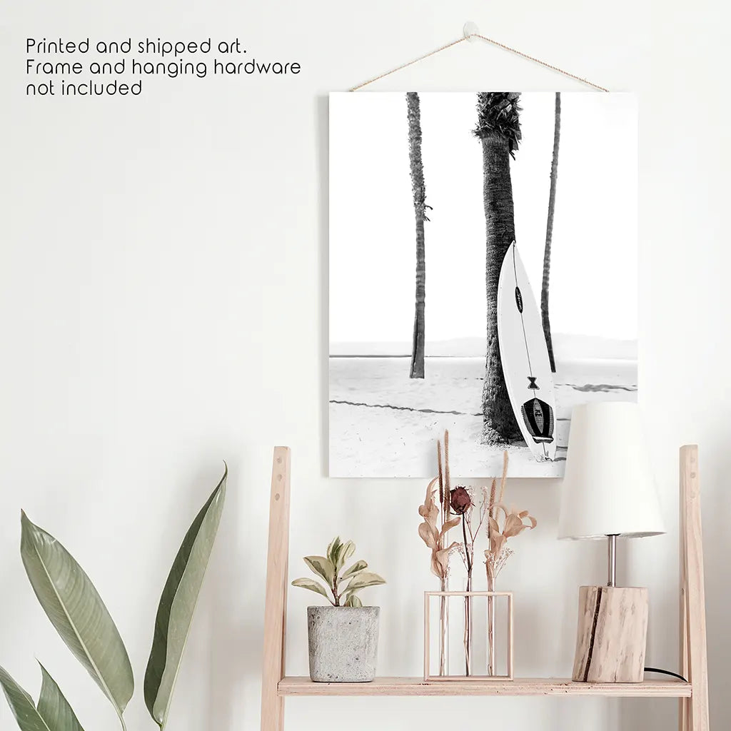 Black White Boho Summer Poster. Surfboard, Palm Trees. Unframed Print
