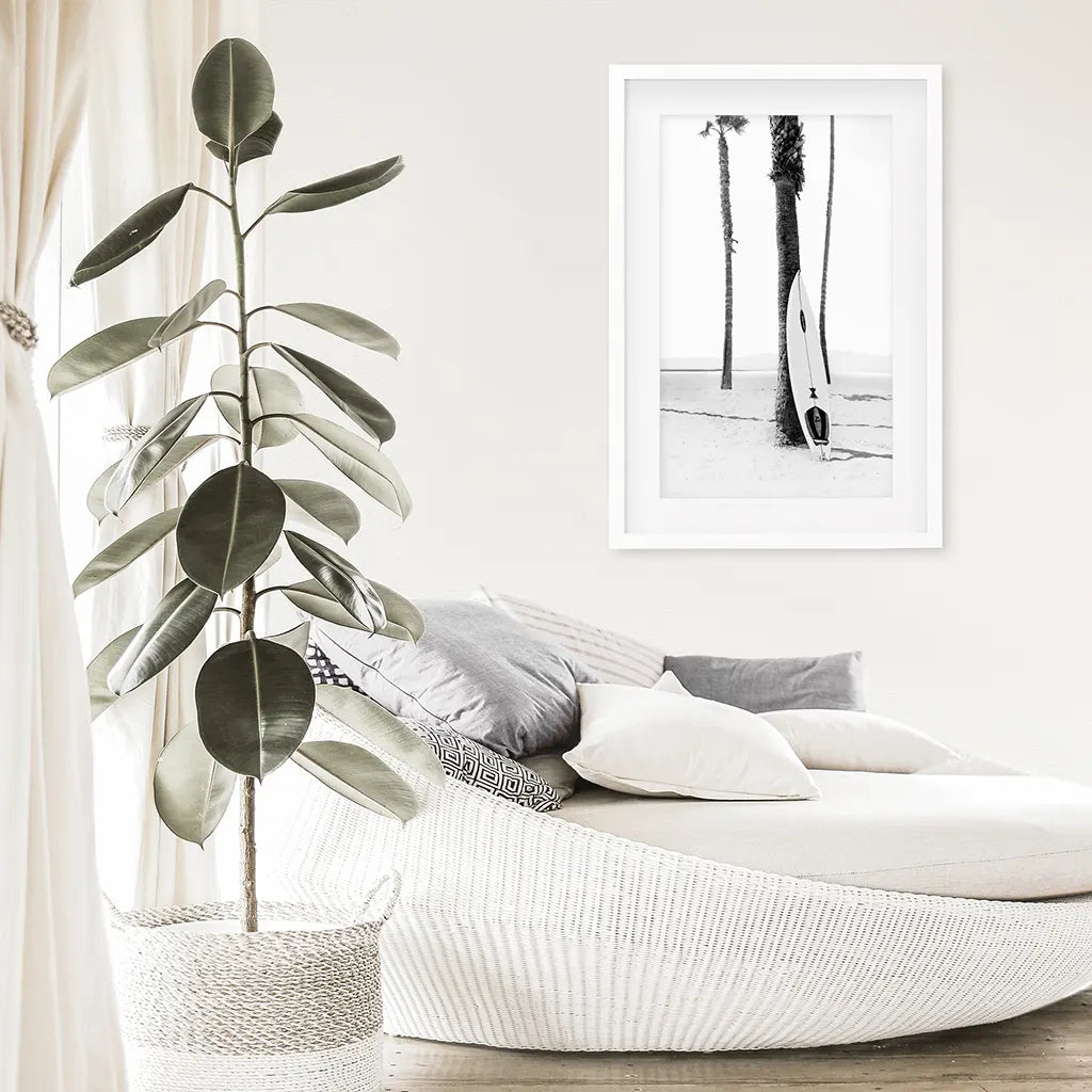 Black White Boho Summer Poster. Surfboard, Palm Trees. White Frame with Mat