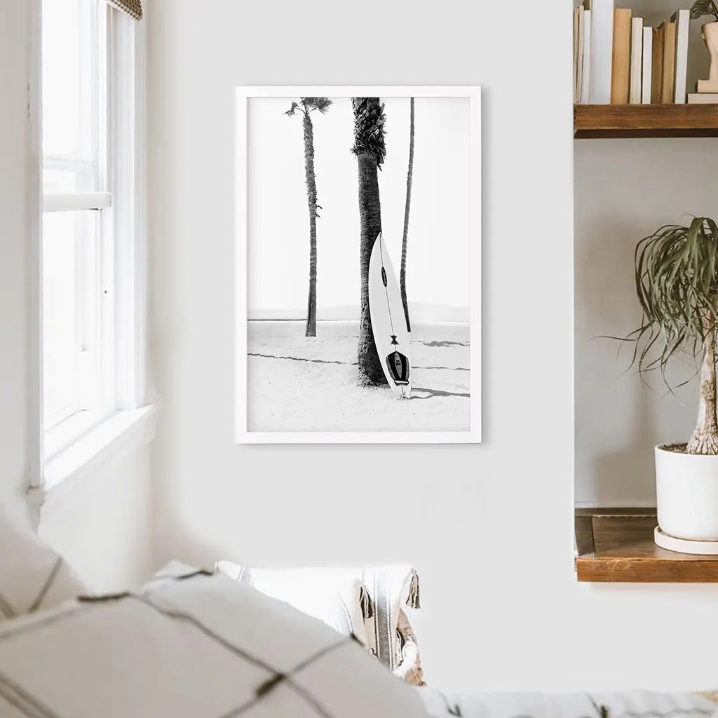 Black White Boho Summer Poster. Surfboard, Palm Trees. White Frame