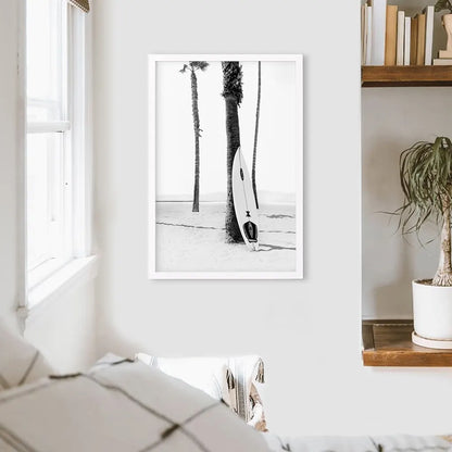 Black White Boho Summer Poster. Surfboard, Palm Trees. White Frame