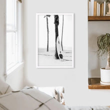 Load image into Gallery viewer, Black White Boho Summer Poster. Surfboard, Palm Trees. White Frame
